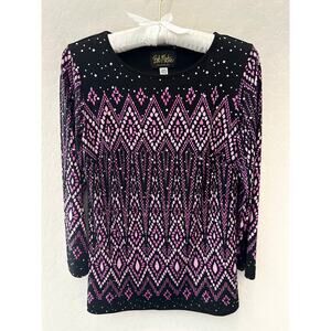BOB MACKIE | Black Purple Artsy Rhinestone Sparkly Knit Long Sleeve Top | XXS